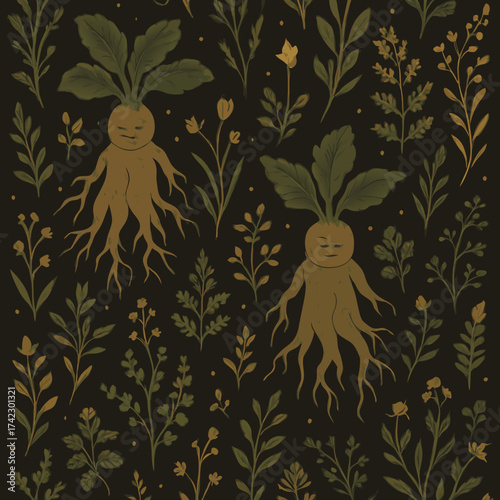 Seamless pattern of illustrated mandrake root creatures with serene faces and leafy tops surrounded by magical herbs and flowers.
