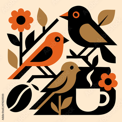 Stylized Geometric Birds Perched on Branches with Coffee Elements.