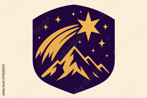 Stylized shield emblem of a shooting star over a textured golden mountain range at night.