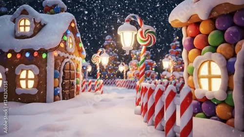 Snowy Christmas Street in Colorful Gingerbread Village – Festive Candy Houses and Holiday Lights