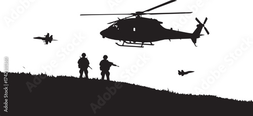 Helicopter and soldiers in dramatic scene