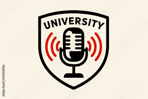 University Podcast Emblem with Microphone and Sound Waves in Shield.