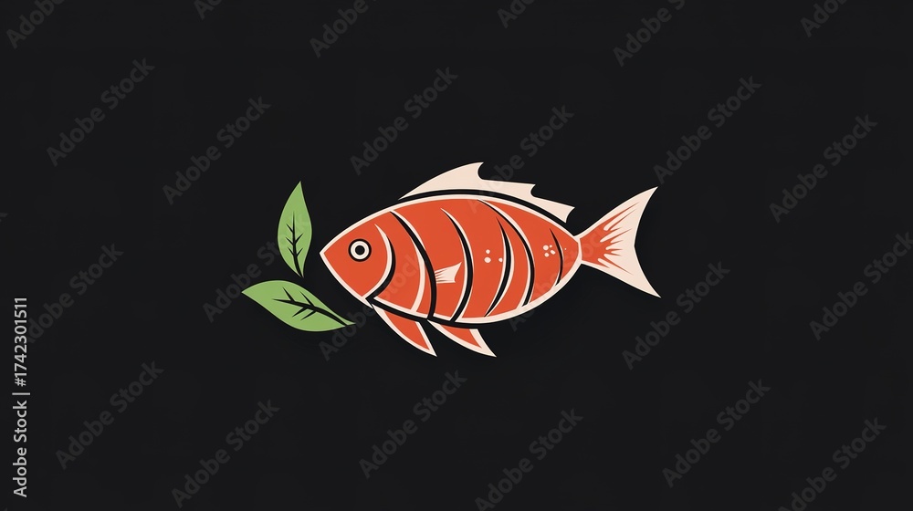 Fototapeta premium A vibrant orange fish with green leaves, set against a dark background, creating a striking and playful visual.