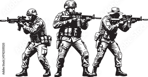 Three soldiers with rifles ready