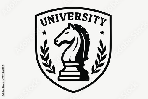 Classic university shield logo with a chess knight stars and laurel branches.