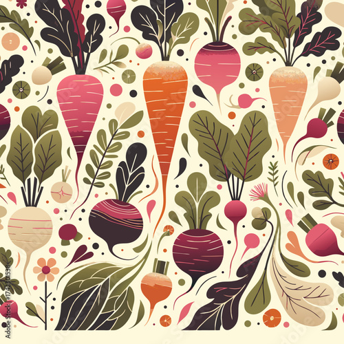 Whimsical Garden Pattern of Root Vegetables and Greens.
