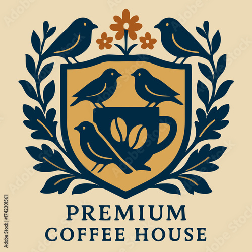 Elegant Coffee House Logo Featuring Birds Flowers and Coffee Cup Design.