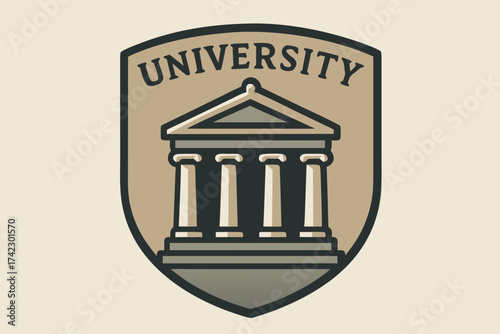 Stylized university shield emblem featuring classical building facade with four columns and UNIVERSITY text.