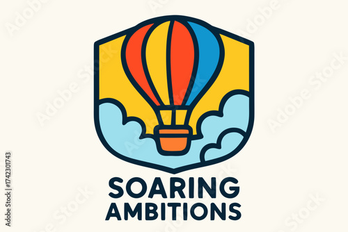Colorful hot air balloon logo with bold outlines set in a shield above Soaring Ambitions text.