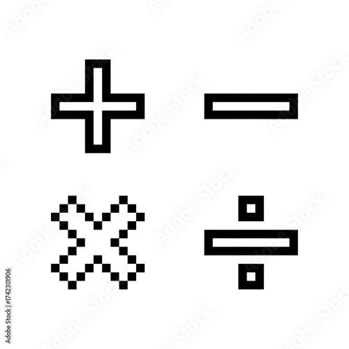Pixel art math symbols including addition subtraction multiplication and division signs, Pixel art, Vector illustration.