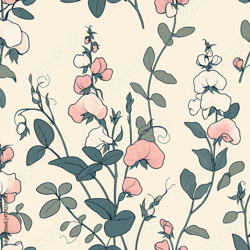 Delicate Floral Pattern Featuring Pink and White Sweet Pea Flowers.