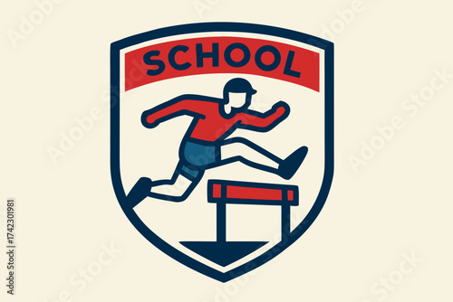 Vintage School Sports Emblem: Stylized Hurdler in Red Shirt Blue Shorts Jumping Over Hurdle.