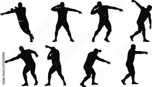 Discus throw silhouette, athlete in motion, sports technique, dynamic rotation, track and field, throwing sequence, strength, power, training, competition, action pose