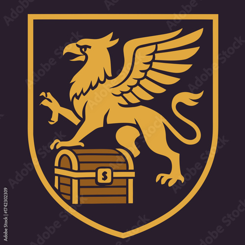 Majestic Golden Griffin Guarding Treasure Chest Emblem.