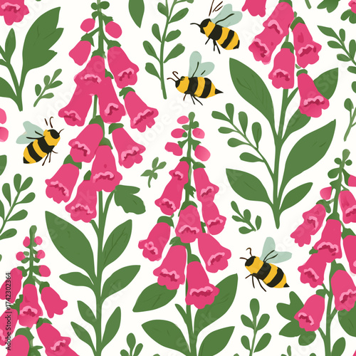Stylized floral seamless pattern featuring pink foxglove flowers and buzzing bees.