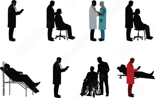 Doctor patient care, medical examination, healthcare scene, hospital interaction, wheelchair patient, stretcher, clipboard, stethoscope, physician teamwork, clinical moment