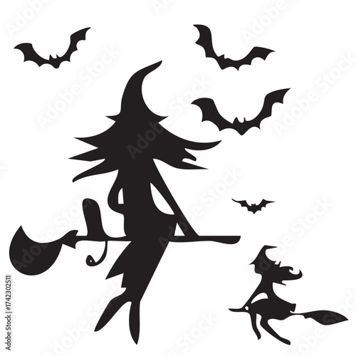 silhouette of  witch flying on a broom and bats are flying