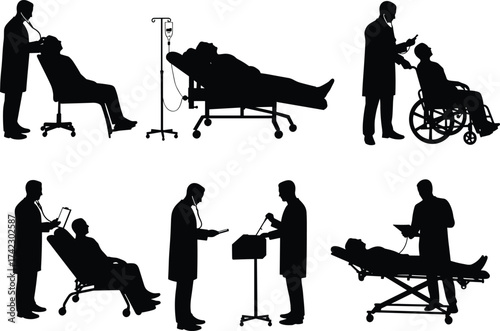 Doctor patient interaction, medical care, hospital scene, silhouette illustration, healthcare professional, wheelchair patient, IV drip, clipboard, examination chair, clinical moment
