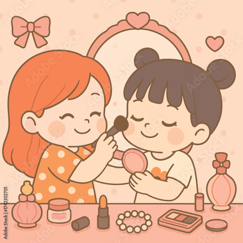 Cute cartoon girls playing makeup artist with cosmetics and mirror vector illustration art design