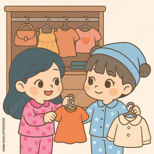 Cute children choosing clothes from wardrobe cartoon illustration for fashion and design projects