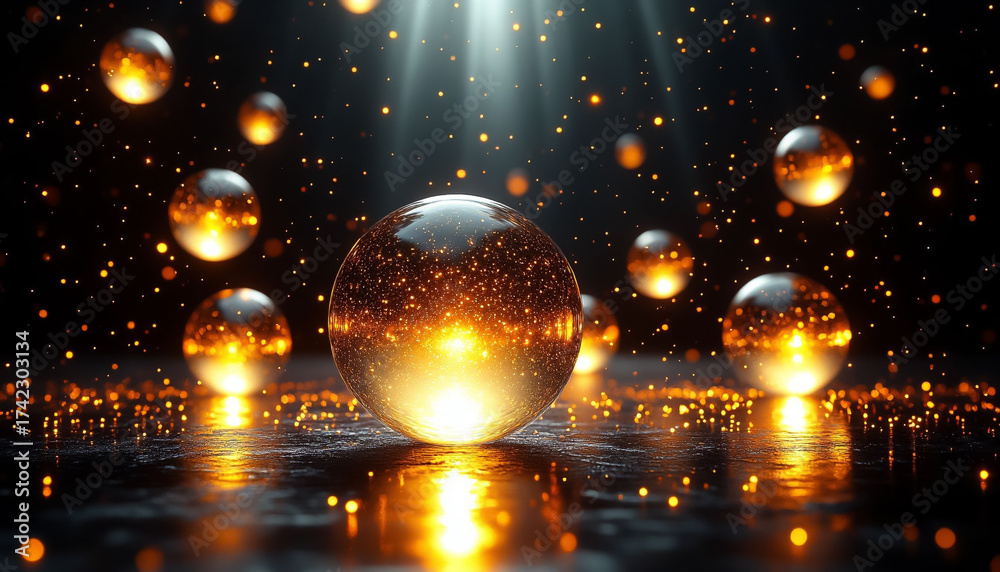 Obraz premium Transparent Spherical Orbs with Inner Orange and Gold Illumination on Dark Background