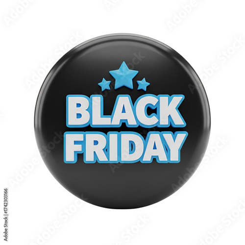 Black circle with black friday text and blue stars isolated on transparent background