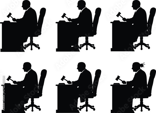 Judge silhouette, courtroom justice, legal authority, gavel pose, law concept, decision making, black figure, tribunal desk, legal profession, isolated