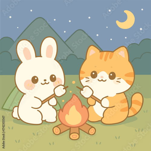 Cute cartoon camping illustration of bunny and cat roasting marshmallows by campfire at night under moon stars