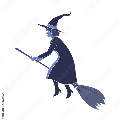 Silhouette of a witch flying on a broomstick against a white background