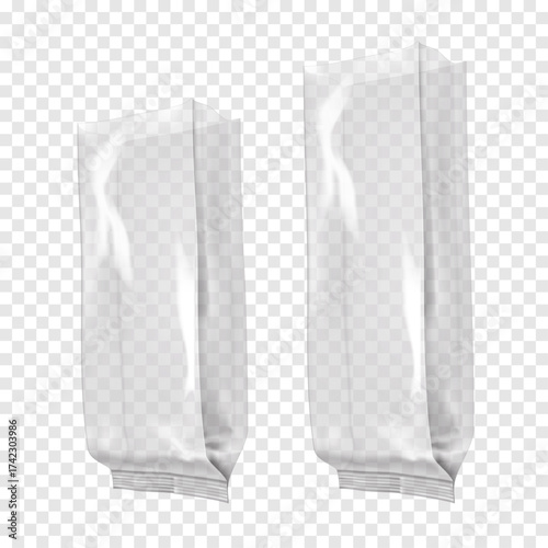 Open long narrow empty clear plastic bag. Realistic 3d vector mockup. Blank food snack side gusseted transparent pouch grocery package. Mock-up. Template for design