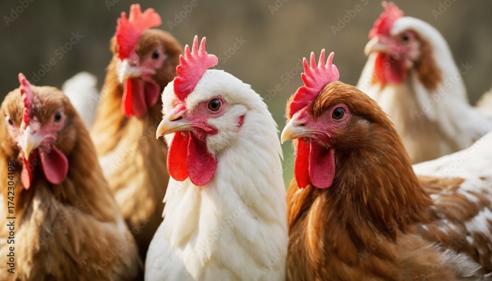 Fototapeta premium Group of chickens with bright red combs standing together in close-up