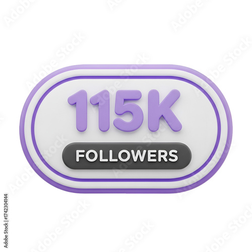 3d rendering of a purple and white button with 115k followers text, isolated on transparent background
