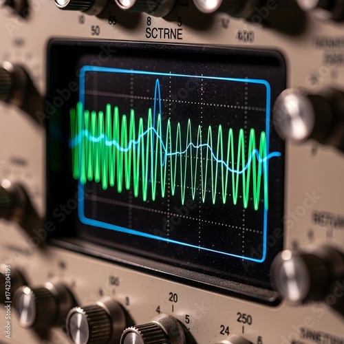 Intricate Vintage Oscilloscope Macro: Capturing Mesmerizing Electrical Pulse Patterns, Vibrant Oscillograph Textures, and Dynamic High-Contrast Details in a Stunning Technological Portrait