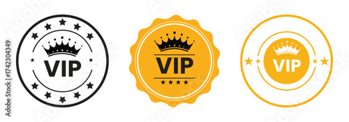 Vip club label, badge or tag. Vip club icons with crown and stars. Round label with three vip level in gold, silver and bronze color. Premium membership icon. Modern vector illustration