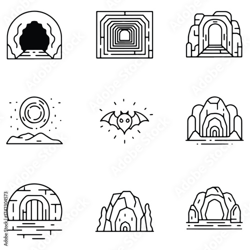Collection of diverse cave and tunnel entrances in line art style