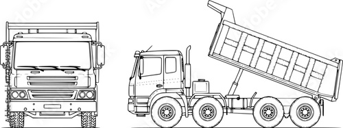 Dump truck outline vector. Front and side view in clean industrial sketch style
