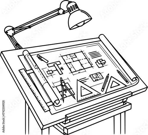 Architect Workspace Outline Vector. Professional Drafting Table Setup With Blueprint And Tools.
