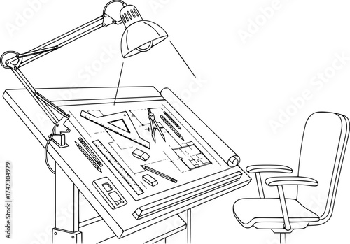 Architect Workspace Outline Vector. Professional Drafting Table Setup With Blueprint And Tools.
