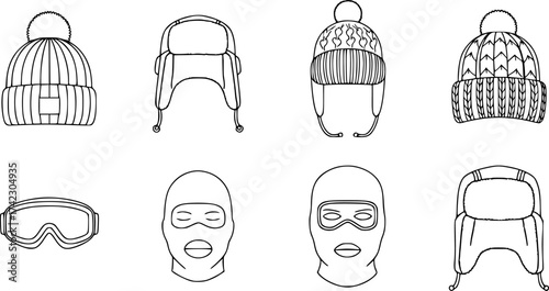 Winter headwear outline set. Vector collection of warm hats for cold weather.
