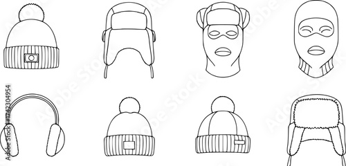 Winter headwear outline set. Vector collection of warm hats for cold weather.
