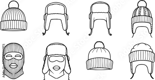 Winter headwear outline set. Vector collection of warm hats for cold weather.
