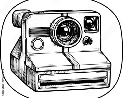 Vintage Polaroid Camera Hand-Drawn Sketch. Retro Photography Nostalgia .
