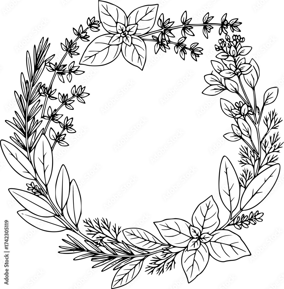 Fototapeta premium Herb wreath outline. Hand-drawn vector of assorted botanical herbs in circle shape. 