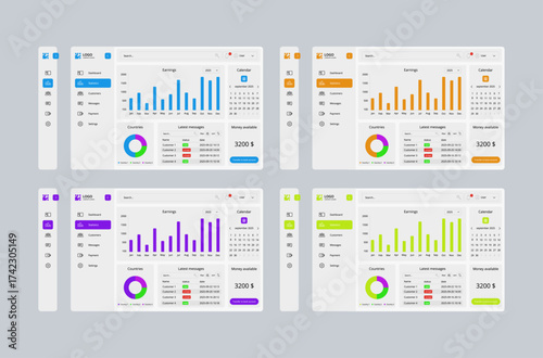 Modern Dashboard Templates for Web and Mobile Applications. User interface design featuring various UI elements such as charts, graphs, sidebar navigation, cards, statistics. Perfect for admin panels.