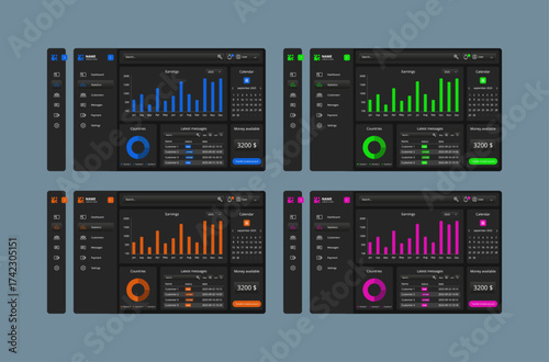 Modern Dashboard Templates for Web and Mobile Applications. User interface design featuring various UI elements such as charts, graphs, sidebar navigation, cards, statistics. Perfect for admin panels.