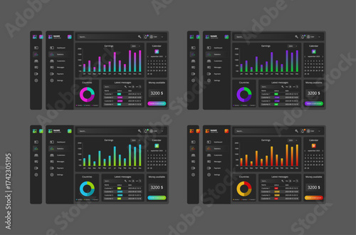 Modern Dashboard Templates for Web and Mobile Applications. User interface design featuring various UI elements such as charts, graphs, sidebar navigation, cards, statistics. Perfect for admin panels.