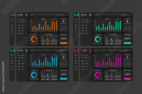 Modern Dashboard Templates for Web and Mobile Applications. User interface design featuring various UI elements such as charts, graphs, sidebar navigation, cards, statistics. Perfect for admin panels.