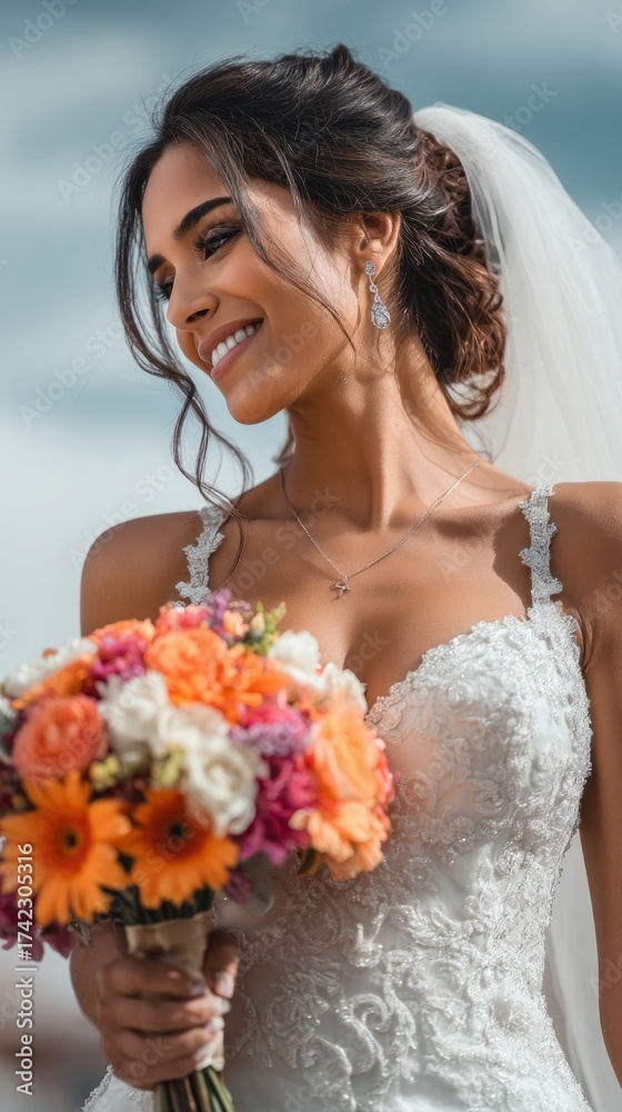 Naklejka premium Bride smiles while holding a colorful bouquet under a blue sky during a wedding ceremony in a beautiful outdoor setting
