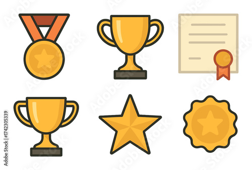 Awards and recognition symbols: medals, trophies, and certificates in yellow tones