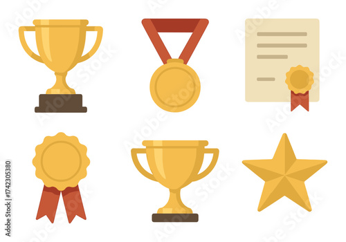 Golden awards set: trophy, medal, certificate, ribbon, star icons